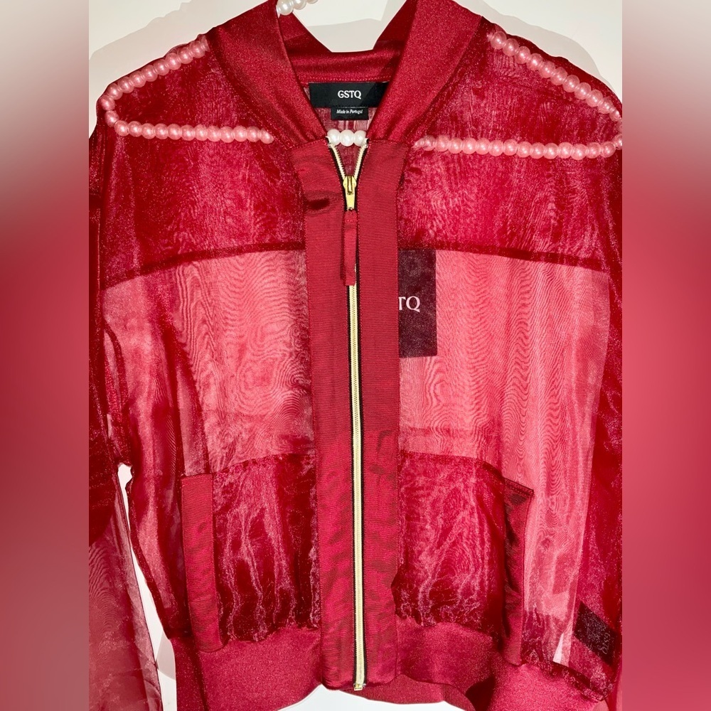 GSTQ (God Save The Queen) sheer bomber jacket in Port (red wine) / size large - Picture 12 of 13